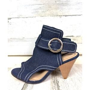 Cato Women’s 9 Blue Chambray Denim Peep Toe Heeled Buckle Sandal Ankle Boot